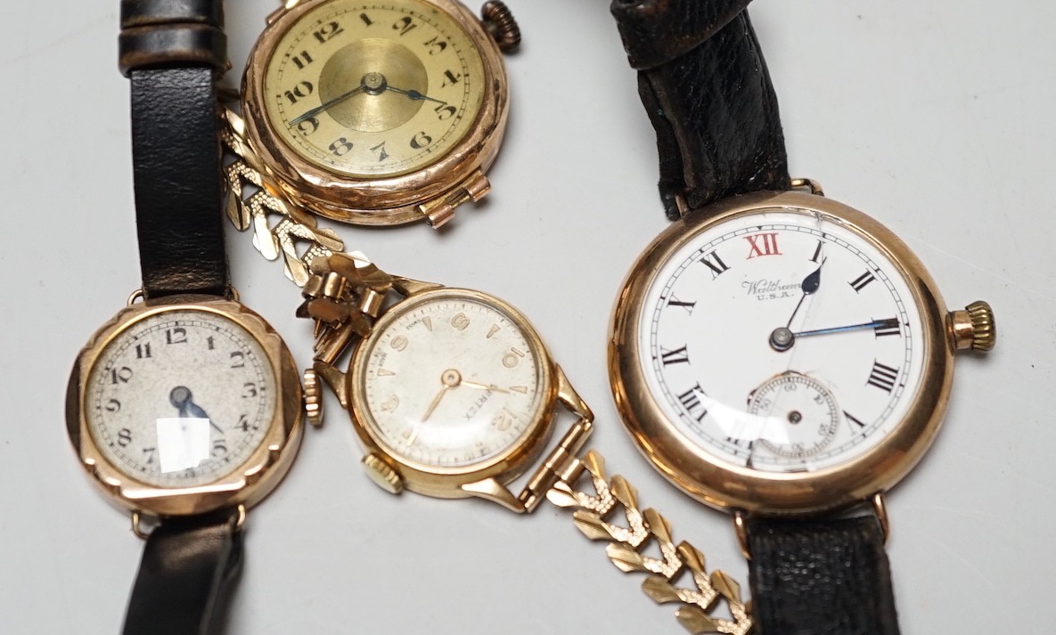 A lady's 9ct gold Timex manual wind wrist watch, on a 9ct gold bracelet, gross weight 1.8 grams and three other yellow metal wrist watches including a 9ct gold Waltham.